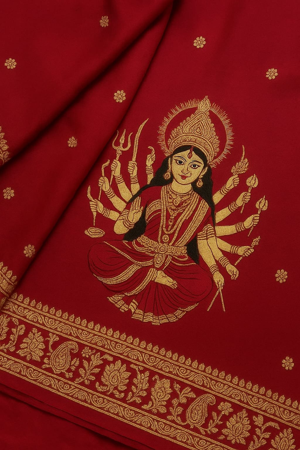 Divine Durga Motif in Golden Zari Work