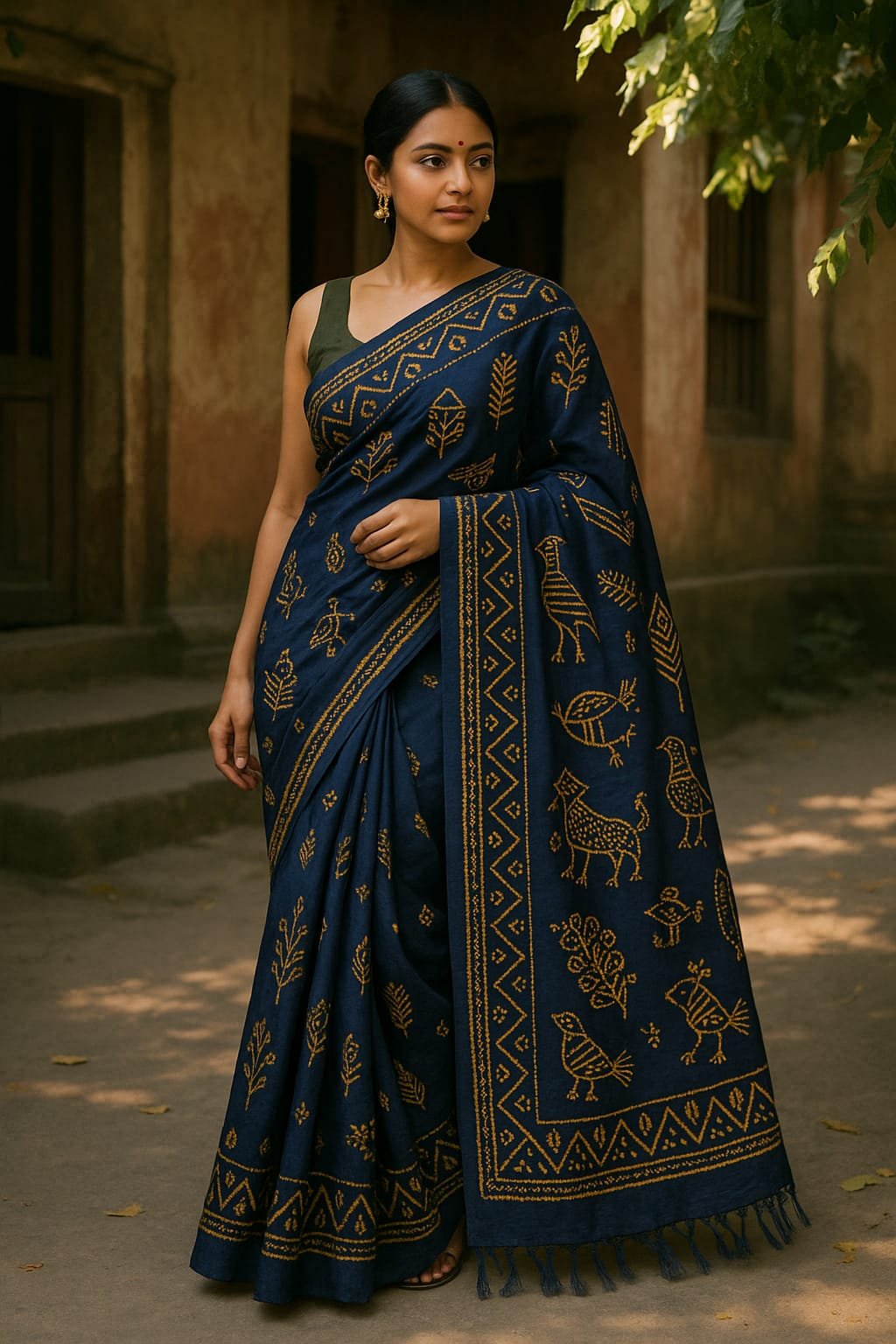 Midnight Blue Handloom Saree with Mustard Katha Embroidery