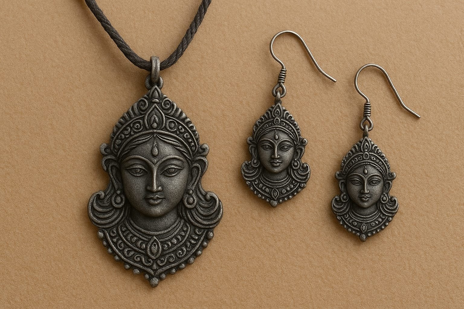Oxidised Durga Maa Pendant & Earring Set