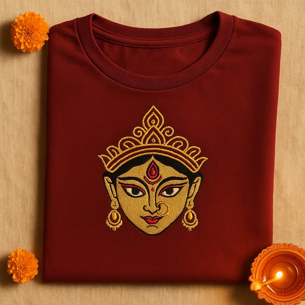 T-Shirt Durga Maa Face Maroon Cotton