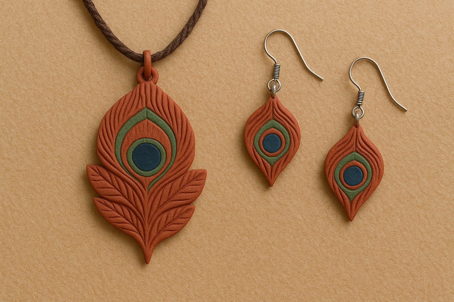 Handmade Clay Peacock Feather Jewelry Set