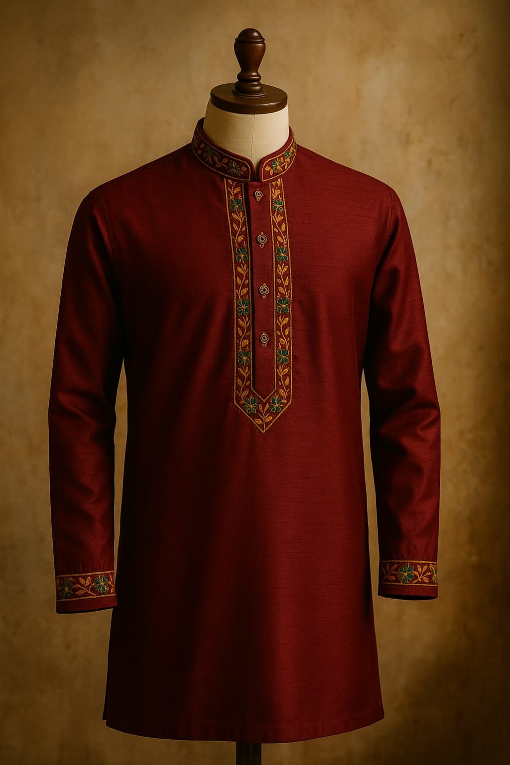 Regal Maroon Silk-Cotton Punjabi With Zari & Thread Embroidery