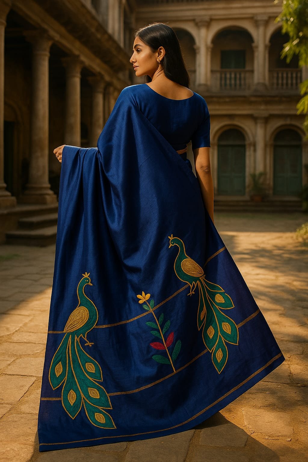 Royal Blue Silk Saree with Hand-Embroided, Peacock Motifs.
